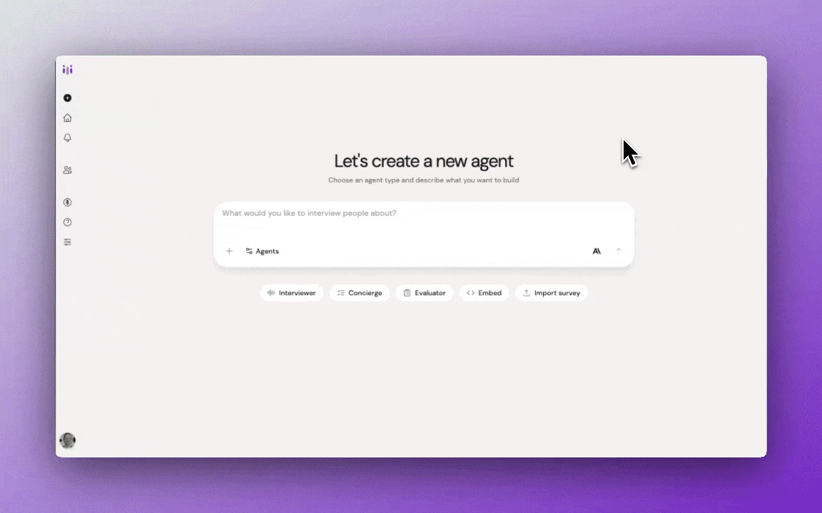 animated Agent type selection showing Advocate highlighted