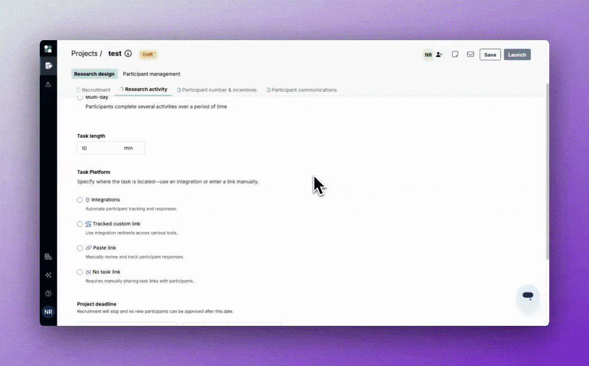 screenshot User Interviews tracked custom link setup